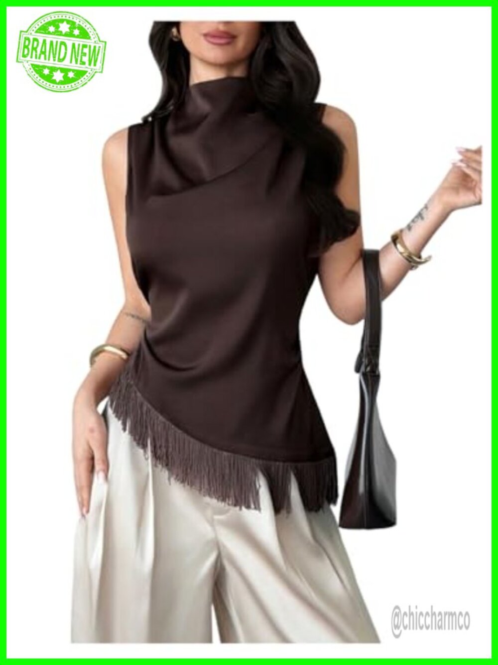 Satin Mock Neck Tank Top Fringe Hem Tie Back Asymmetrical Blouse